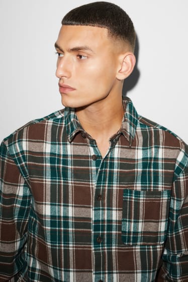 Men - CLOCKHOUSE - flannel shirt - relaxed fit - kent collar - check - brown / dark green