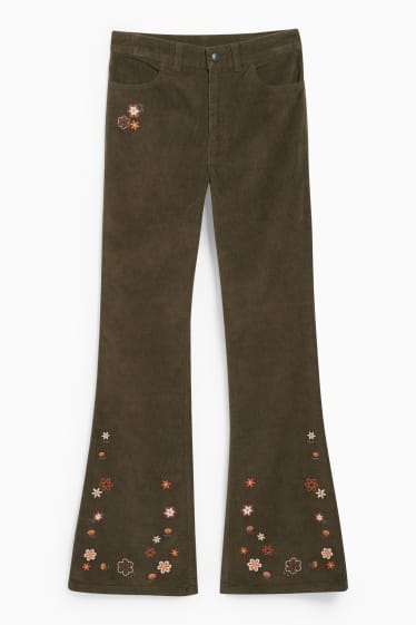 Femmes - CLOCKHOUSE - pantalon en velours côtelé - high-waist - flared - à fleurs - vert