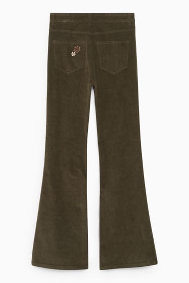 Ados & jeunes adultes - CLOCKHOUSE - pantalon en velours côtelé - high-waist - flared - à fleurs - vert