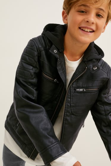 Children - Biker jacket with hood - faux leather - black