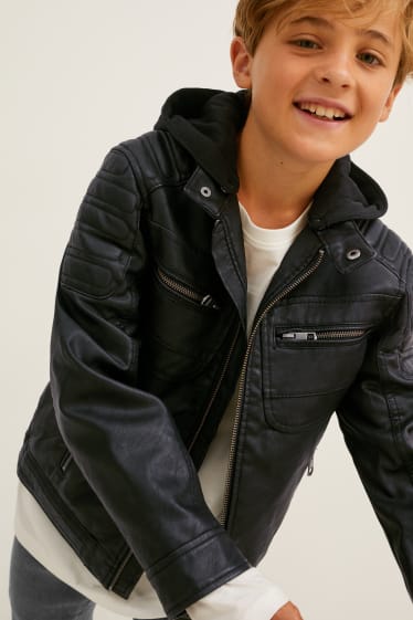 Kinder Jungen - Bikerjacke mit Kapuze - Lederimitat - schwarz