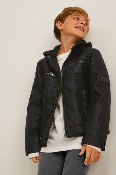 Kinder Jungen - Bikerjacke mit Kapuze - Lederimitat - schwarz