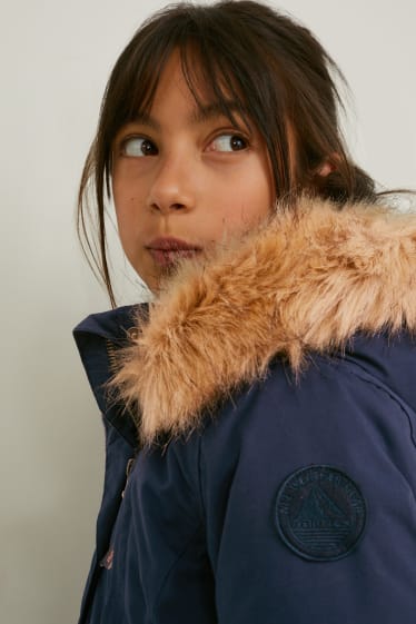 Enfants filles - Parka avec capuche et garniture en imitation fourrure - hiver - bleu foncé