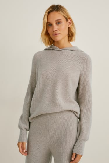 Damen - Kaschmir-Kapuzenpullover - beige-melange