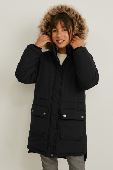 Bambini - Parka con riporto di ecopelliccia - inverno - idrorepellente - nero