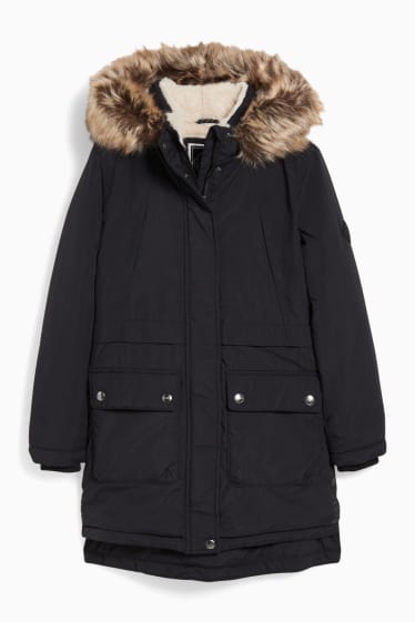 Niños - Parka con pelo sintético - invierno - hidrófuga - negro