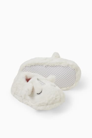 Dětské - Motiv jednorožce - domácí obuv z umělé kožešiny - bílá
