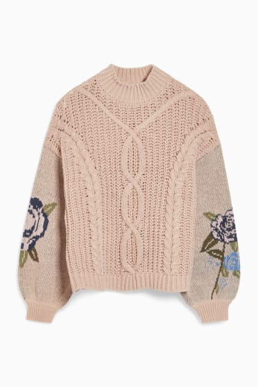 Femmes - CLOCKHOUSE - pullover - motif tressé - à fleurs - beige