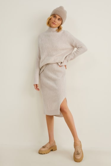 Donna - Gonna di cashmere - motivo treccia - beige melange