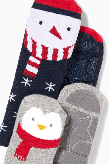 Bebés - Pack de 2 - muñeco de nieve - calcetines antideslizantes para recién nacido - gris claro / azul oscuro