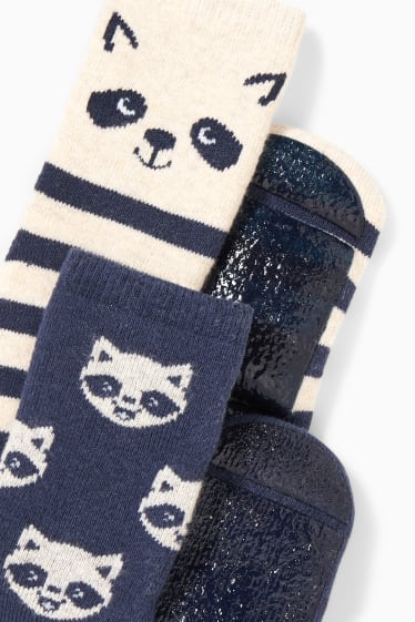 Bebés - Pack de 2 - mapaches - calcetines antideslizantes con dibujo para bebé - azul / beis