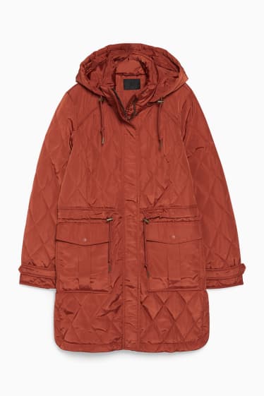 Women - Quilted coat with hood - brown