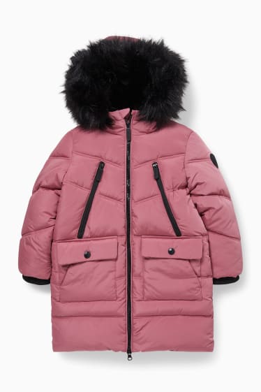 Kinder Mädchen - Steppjacke mit Kapuze und Kunstfellbesatz - pink