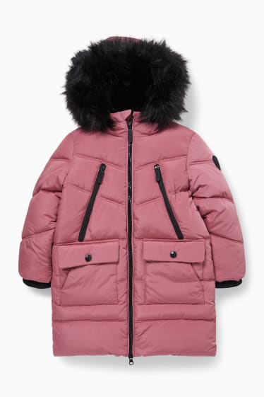 Kinder - Steppjacke mit Kapuze und Kunstfellbesatz - pink