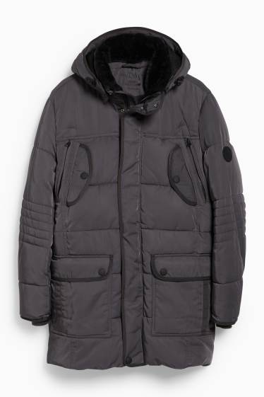 Men - Parka with hood and faux fur trim - winter - dark gray