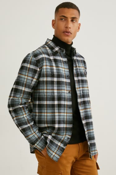 Heren - Flanellen overhemd - regular fit - kent - geruit - donkergroen / grijs