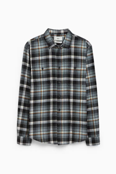 Uomo - Camicia di flanella - regular fit - collo all'italiana - a quadretti - verde scuro / grigio