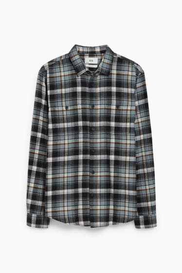 Men - Flannel shirt - regular fit - kent collar - check - dark green / gray