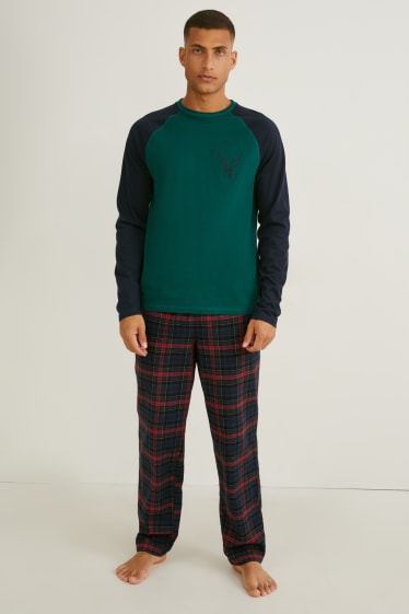 Heren - Pyjama met flanellen broek - groen / rood