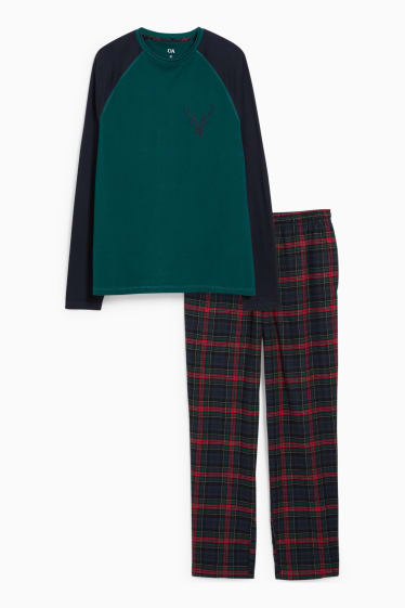 Heren - Pyjama met flanellen broek - groen / rood
