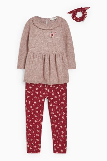 Enfants filles - Ensemble - robe en maille, jean chaud et chouchou - 3 pièces - marron chiné