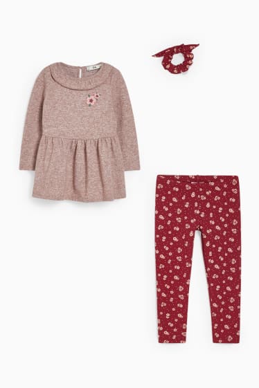 Enfants filles - Ensemble - robe en maille, jean chaud et chouchou - 3 pièces - marron chiné