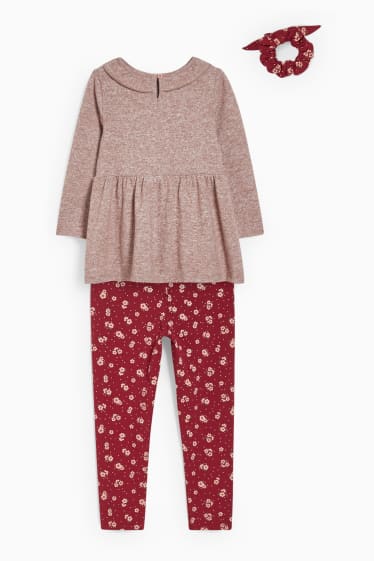 Enfants filles - Ensemble - robe en maille, jean chaud et chouchou - 3 pièces - marron chiné