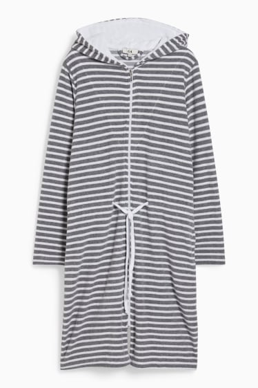 Women - Terry cloth bathrobe with hood - striped - white / gray
