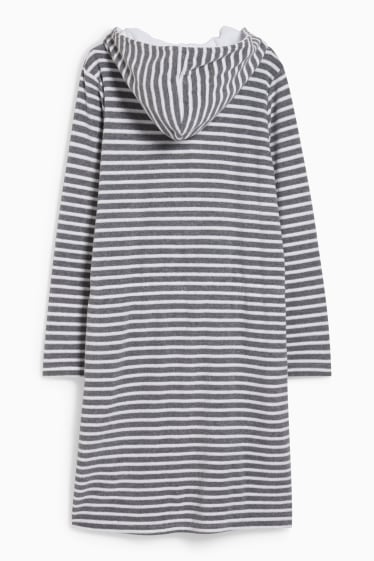Women - Terry cloth bathrobe with hood - striped - white / gray