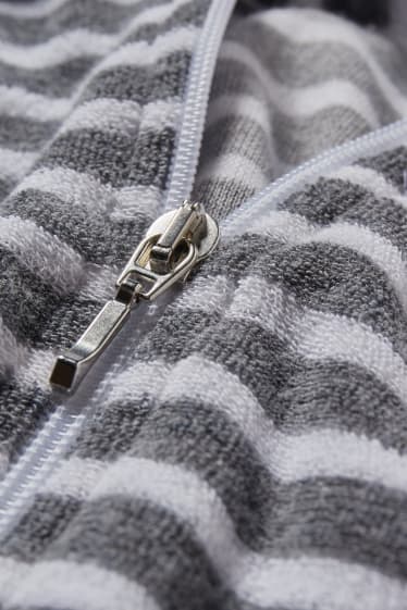 Women - Terry cloth bathrobe with hood - striped - white / gray