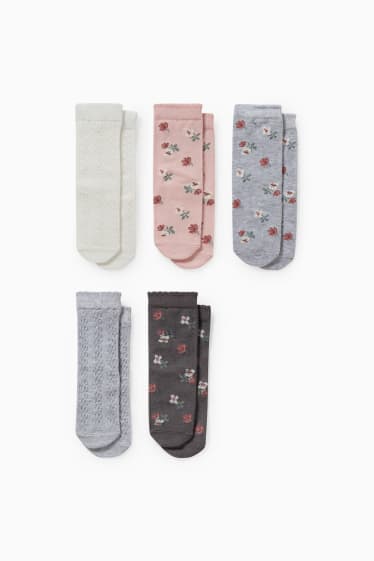 Neonati - Confezione da 5 - a fiori - calzini neonati con motivo - grigio / rosa
