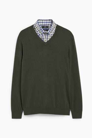Herren - Pullover und Hemd - Regular Fit - bügelleicht - grün-melange