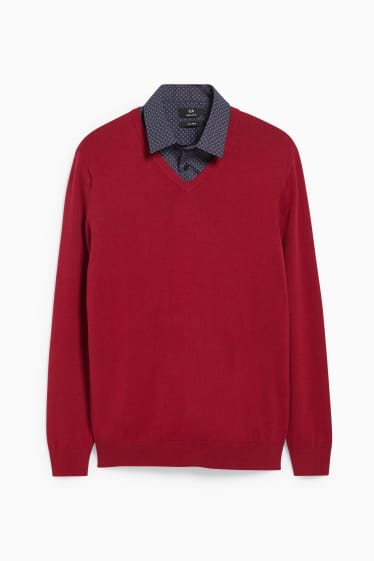 Herren - Pullover und Hemd - Regular Fit - bügelleicht  - rot / dunkelblau