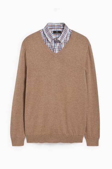 Hommes - Pull et chemise - regular fit - facile à repasser - marron / beige