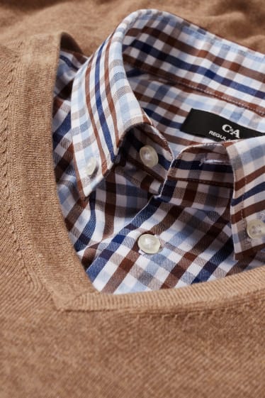 Heren - Trui en overhemd - regular fit - gemakkelijk te strijken - bruin / beige