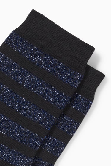 Women - Socks - striped - shiny - black