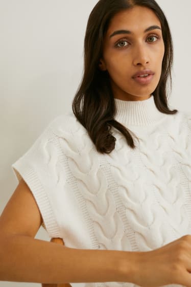 Dámské - Kašmírový svetr - copánkový vzor - krémově bílá