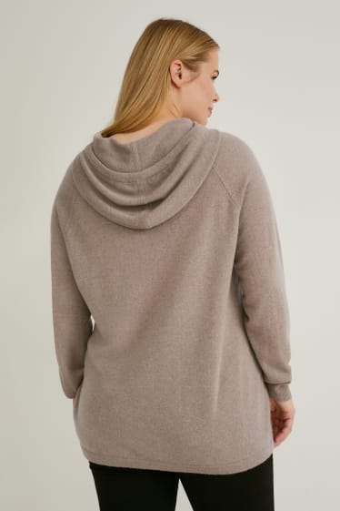 Kobiety - Kaszmirowy sweter z kapturem - brązowoszary