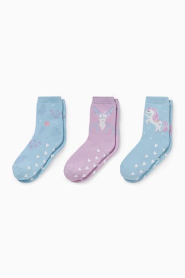 Enfants - Lot de 3 paires - licorne - chaussettes antidérapantes à motif - rose pâle / bleu clair