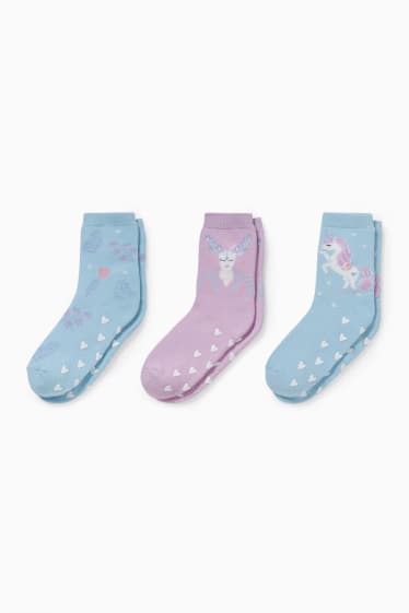 Kinderen: meisjes - Set van 3 paar - eenhoorn - antislipsokken met motief - roze / lichtblauw