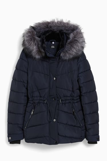 Dames - Gewatteerde jas met capuchon en imitatiebontrandje - donkerblauw