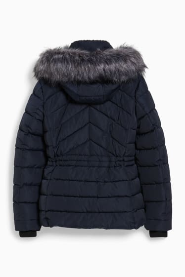 Dames - Gewatteerde jas met capuchon en imitatiebontrandje - donkerblauw