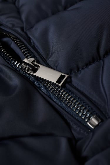 Dames - Gewatteerde jas met capuchon en imitatiebontrandje - donkerblauw