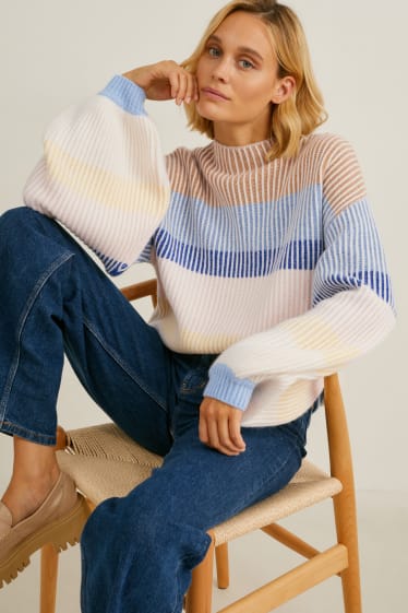 Women - Cashmere jumper - striped - beige