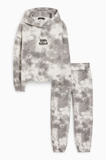 Bambine - Taglie forti - set - felpa con cappuccio e pantaloni sportivi - 2 pezzi - bianco / grigio
