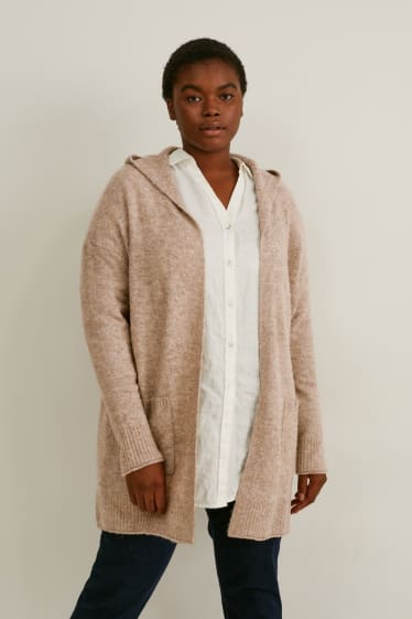 Damen - Bouclé-Strickjacke mit Kapuze - beige-melange