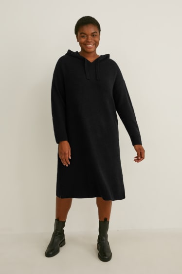 Dames - Gebreide jurk met capuchon - zwart