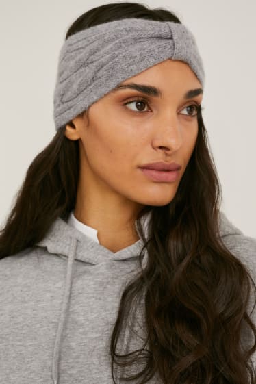 Damen - Kaschmir-Stirnband - Zopfmuster - grau-melange