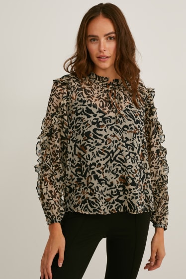 Women - Chiffon blouse - patterned - black / beige