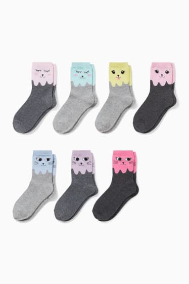 Enfants filles - Lot de 7 paires - animaux - chaussettes à motif - gris clair chiné